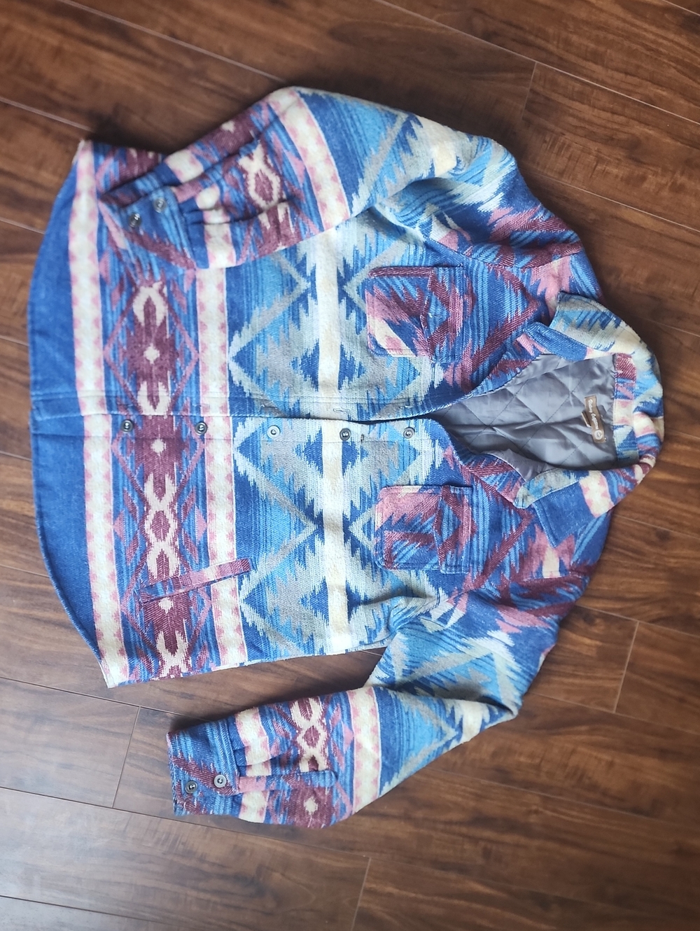Aztec Print Hooded Jacket in Blue and Pink
